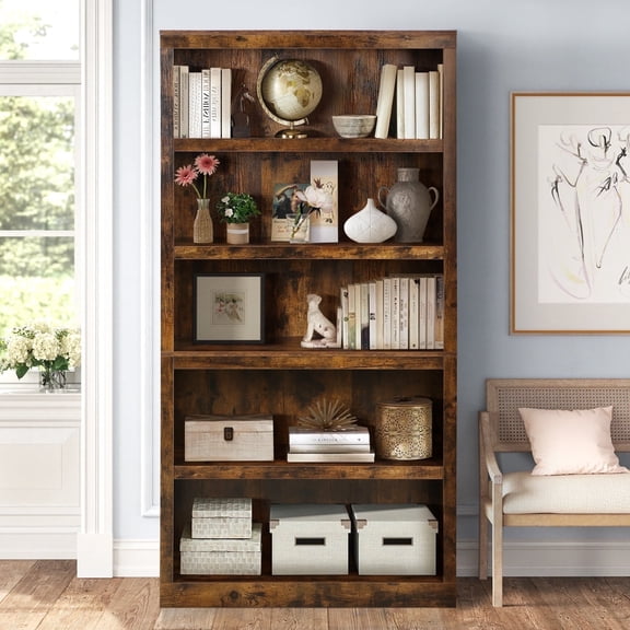 69.9" Tall Bookcase, 5-Tier Bookshelf Wood Bookshelves for Home Living Room Office, Brown