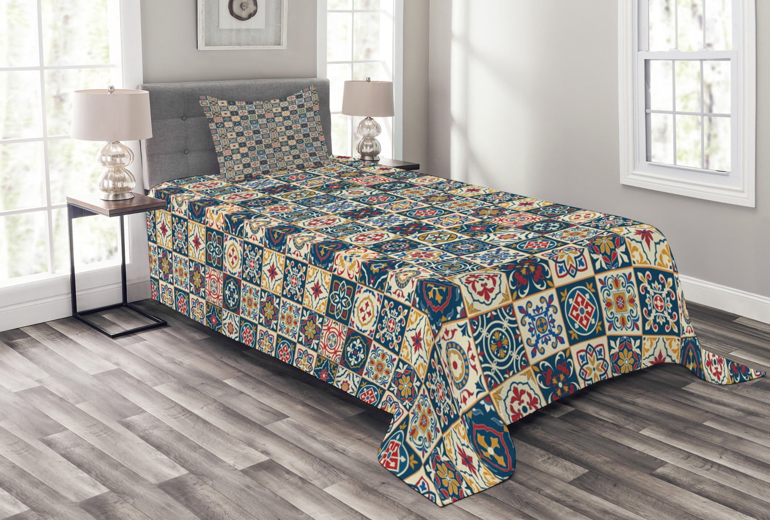 Moroccan Bedspread Set Twin Size, Portuguese Azulejo Checkered Squares