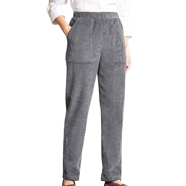 Pantalones de pana Prolriy para mujer, estilo casual, con personalidad, color liso, cintura elástica, a rayas, pierna recta, gris, XL