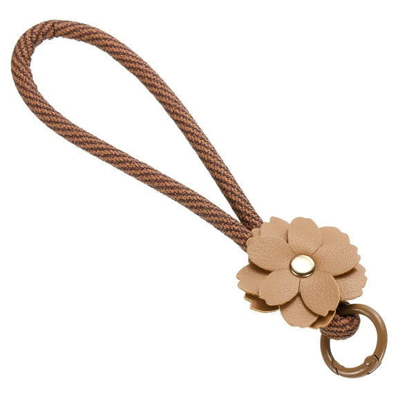 Leather Wristlet Keychain, Cute Car Key Chain Practical Bracelet Key Chain Flower Phone Wrist Strap for Phone Lanyard, Twill Brown