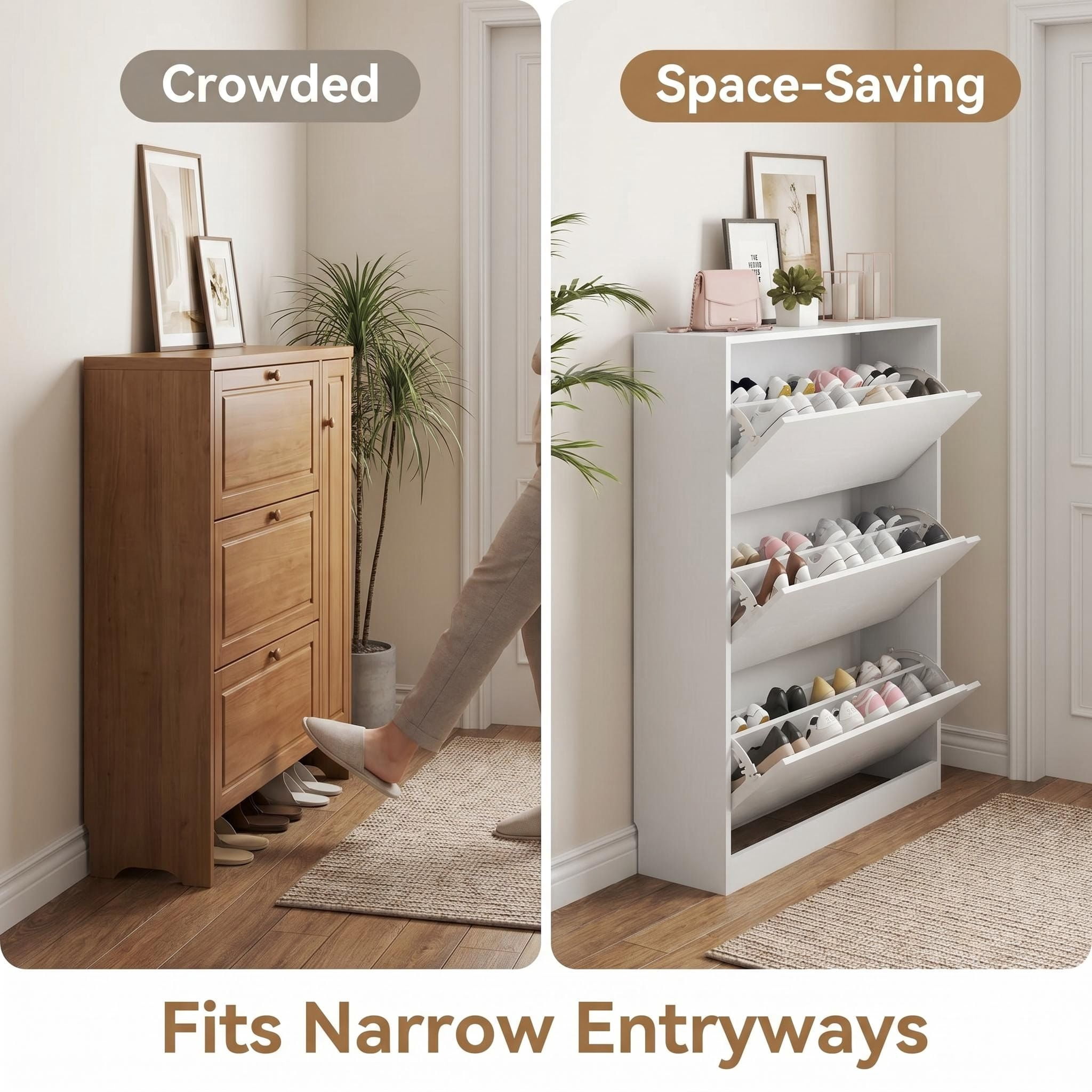 Slim 8.66 Inch Depth Shoe Storage Cabinet, Matte White 3 Flip Drawers Shoe Organizer with Adjustable Shelves Anti-Tip Kit for Entryway Small Apartment Hallway