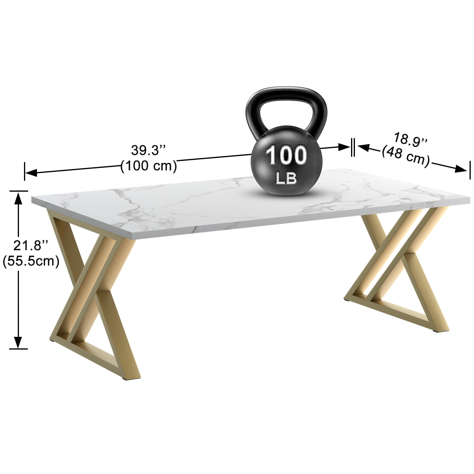 Coffee Table Living Room Table White Center Table, Simple Modern Faux Marble Rectangular Tea Table with Sturdy Gold-Finished Metal Frame,Industrial Wooden Coffee Table for Bedroom Home Office