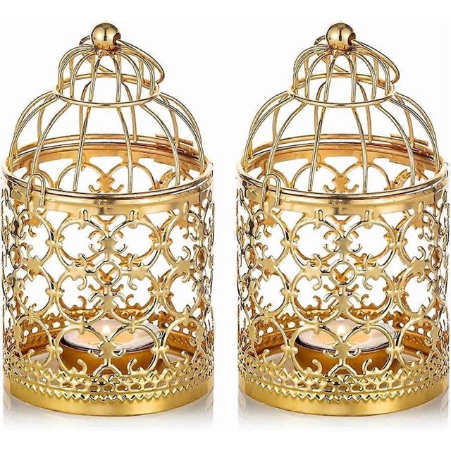 2 Pieces Small Bird Cage Lantern Hanging Metal Tealight Holder, Gold Lanterns for Candles, Centerpieces, Vintage Wedding Party, Light Holder, Tea Ligh