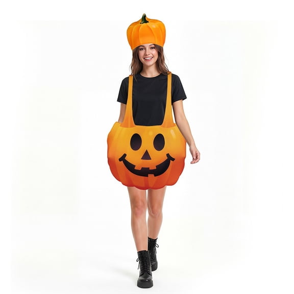 1 Pcs Halloween Adult Pumpkin Costume Set Sleeveless Pumpkin Velvet Costume Funny Hat for Women Halloween Party Cosplay Clothes