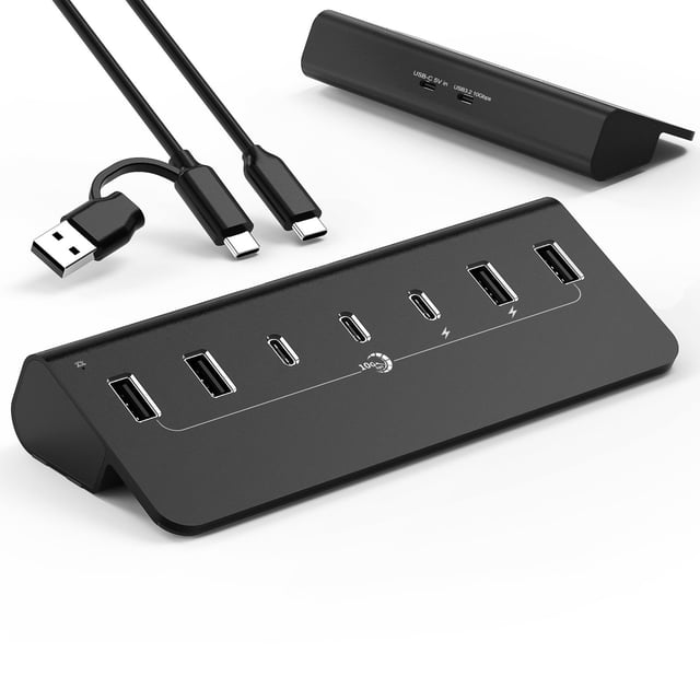 Powered USB Hub, USB 3.2 Gen 2, 10Gbps Fast Data Center with 5V 3A Power Adapter, 4 USB-A and 3 USB-C Ports, Support BC1.2 Charging (7-port USB 3.2 hub)