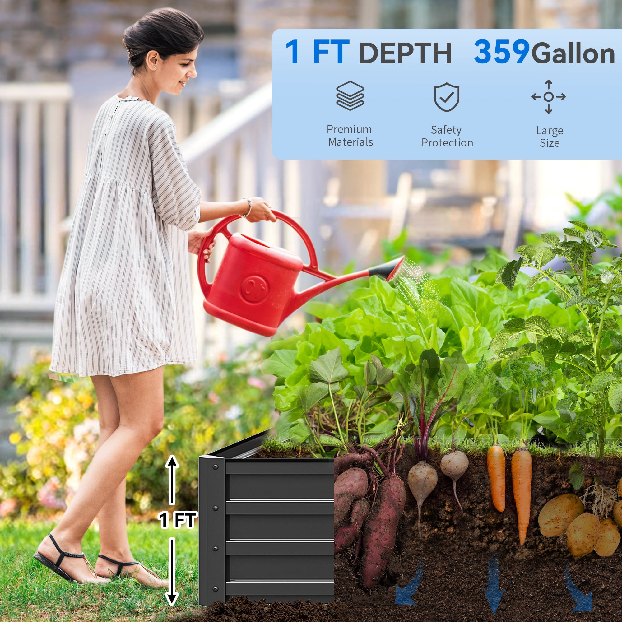 Dextrus Patio Metal Raised Garden Bed Kit, Large Outdoor Planter Box with 2 Gloves and Safe Edge Curling Design for Plants, Vegetables, and Flowers - 12x4x1ft,Black