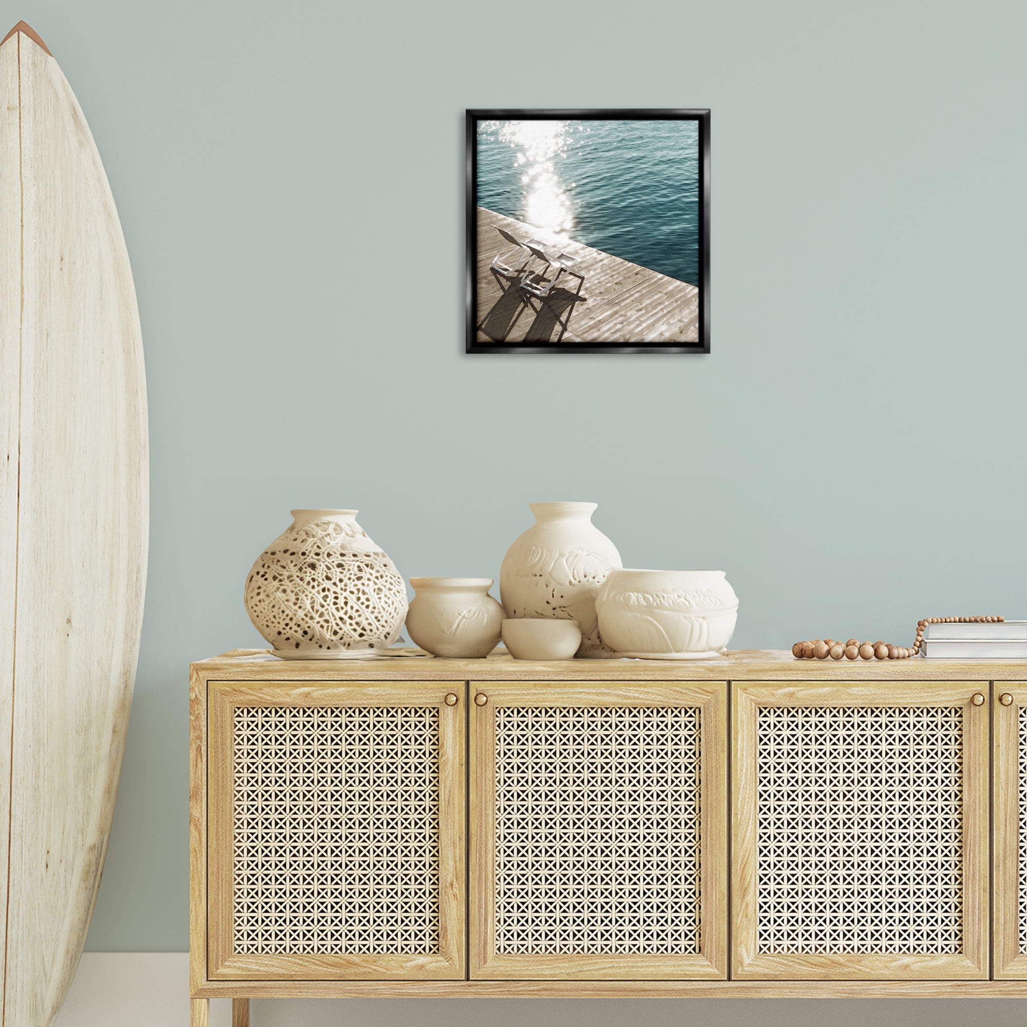 Stupell Industries Deck Chair Shadows Landscape Painting Black Floater Framed Canvas Art Print Wall Art, 18 x 18