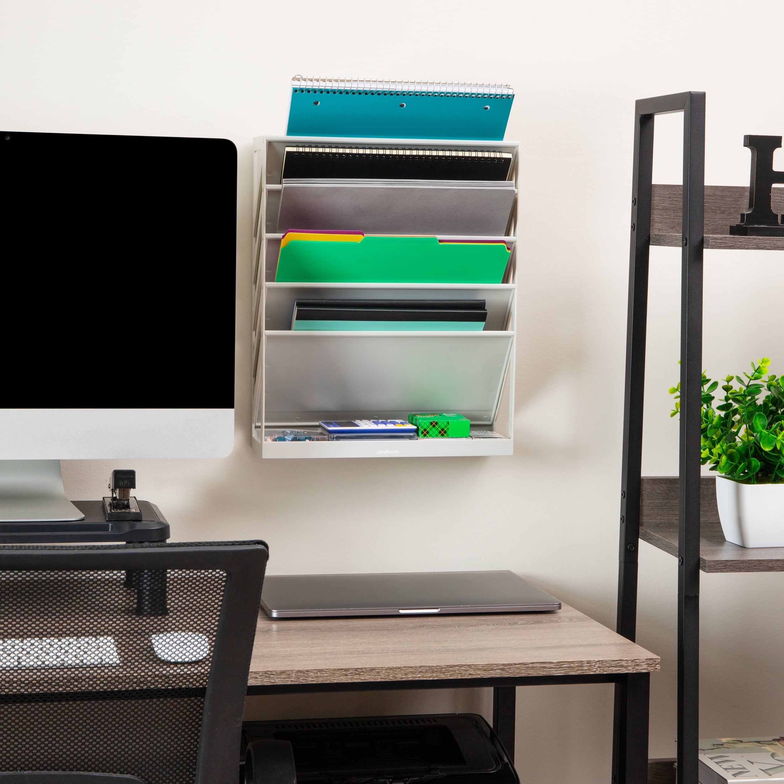 Mind Reader 5-Tier Vertical File Storage, Desktop Organizer, Wall Mount, Office, Plastic, 13"L x 4.25"W x 16"H, Beige