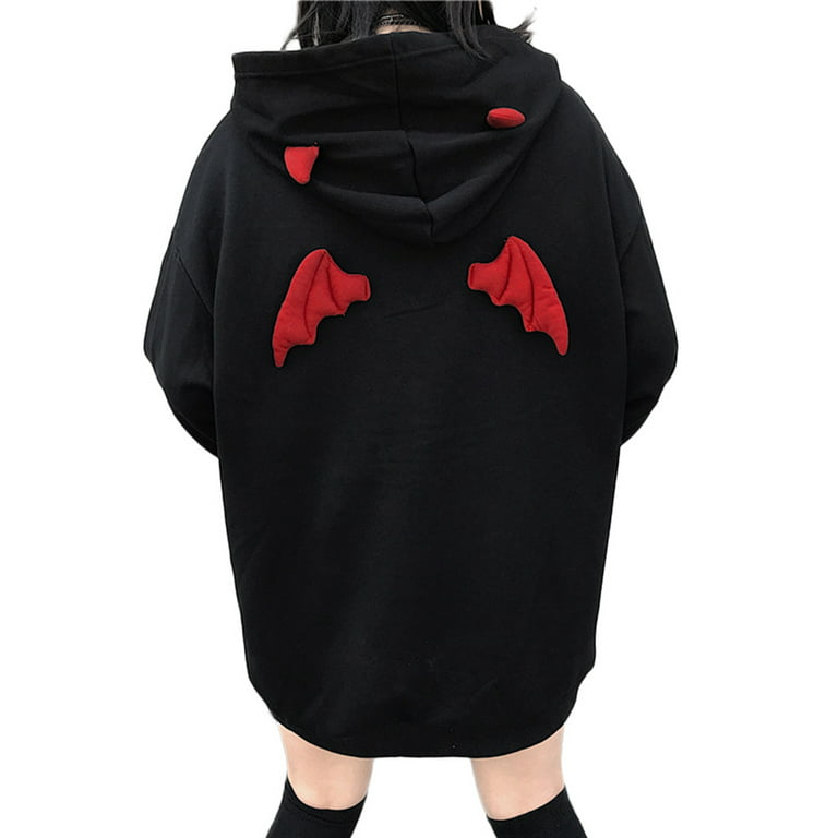 Sardfxul Girls' Cute Devil Wing and Horns Hoodie Oversized Top Pullover  Long Sleeve Sweatshirts Cosplay Party for Teenagers