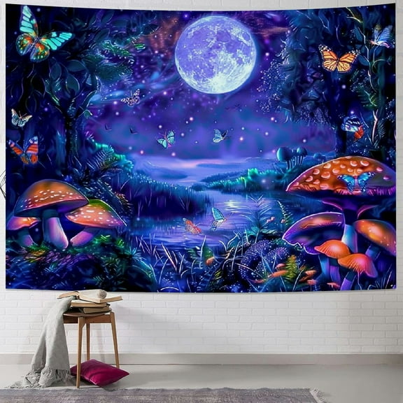 Orinice Blacklight Fantasy Forest Tapestry Aesthetic Moon Tapestry UV Reactive Butterfly Tapestries Galaxy Space Tapestry Wall Hanging for Bedroom Living Room Painting