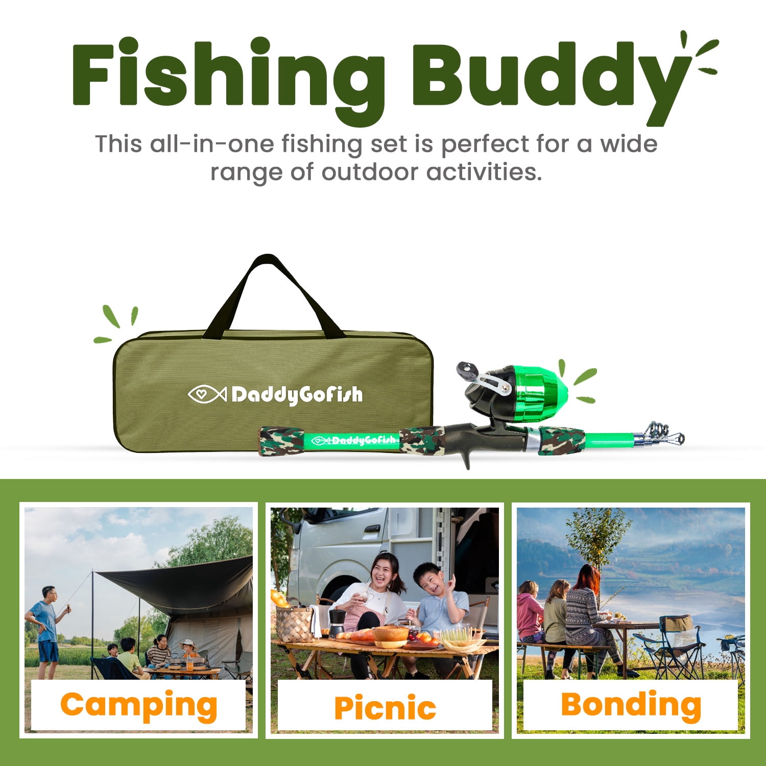 DaddyGoFish Kids Fishing Pole - Rod Reel Combo Tackle Box Starter Set - First Year Small Gear Kit for Boys Girls Toddler Youth Age Beginner Little Children (Essential Set, Green, 5ft)