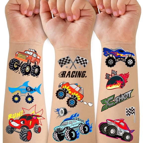 Yazhiji 75 PCS Monster Truck Tattoos Race Car Monster Jam Hot Car Wheels Birthday Decorations Wheels Party Favors, Boy Girl Fake Tattoos Stickers School Prizes Rewards