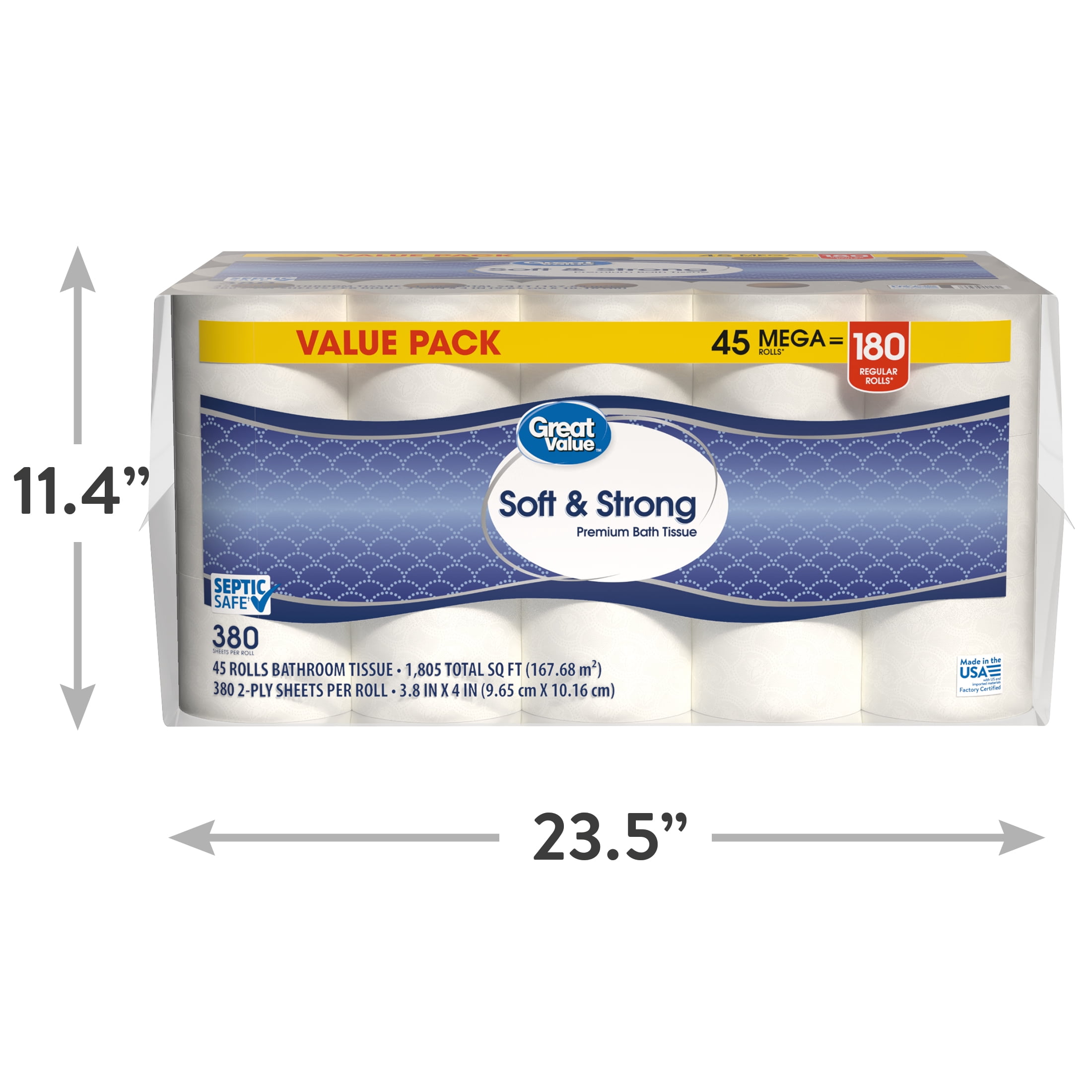 Great Value Soft & Strong Premium Toilet Paper, 45 Mega Rolls, 380 Sheets per Roll