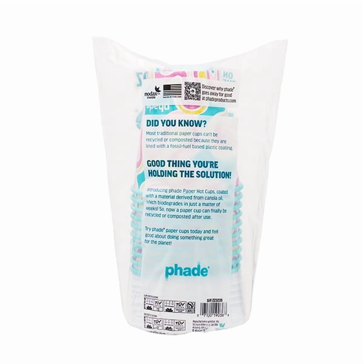 Phade Marine Biodegradable and Compostable Paper Hot Cups with Lids, 12 oz, Squiggle Multi Color, 10 Count