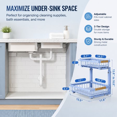 Under Sink Organizer 2 Tier Slide-Out Pull-Out Cabinet Storage Shelf Metal Sliding Drawer for Kitchen Bathroom Pantry Closet Blue 1 Pack