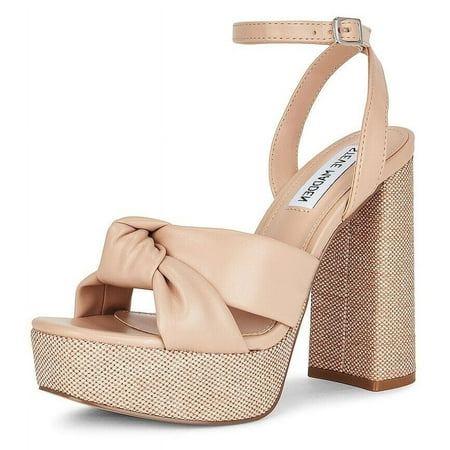 Steve Madden Lala Natural Multi Ankle Strap Knotted Design Block Heeled Sandals (Natural Multi, 10)