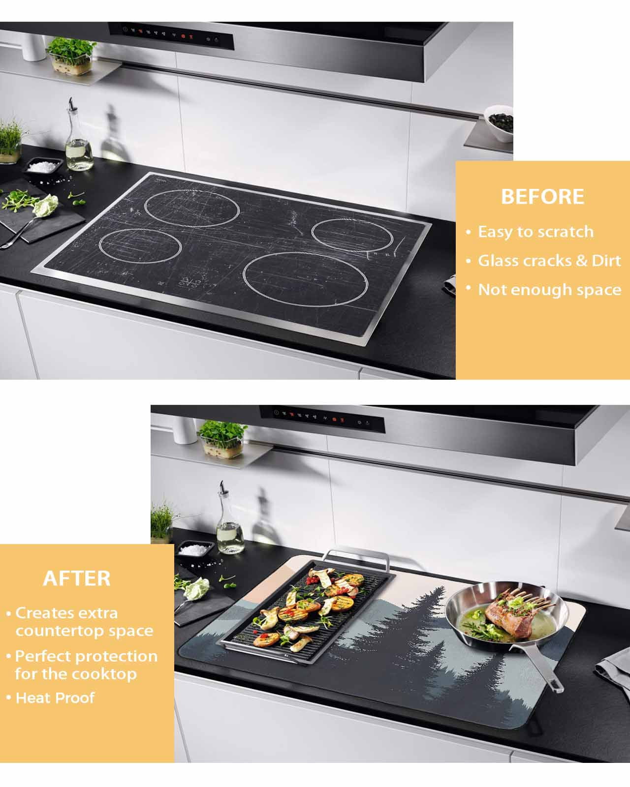 nqOlkjepod Large Induction Cooktop Protector Mat 36"x21", Mountain Forest Stove Top Covers for Electric Stove, Nature Tree Scenery Watercolor Pink Blue Stove Burner Cover Mats, Glass Top Stove Cover