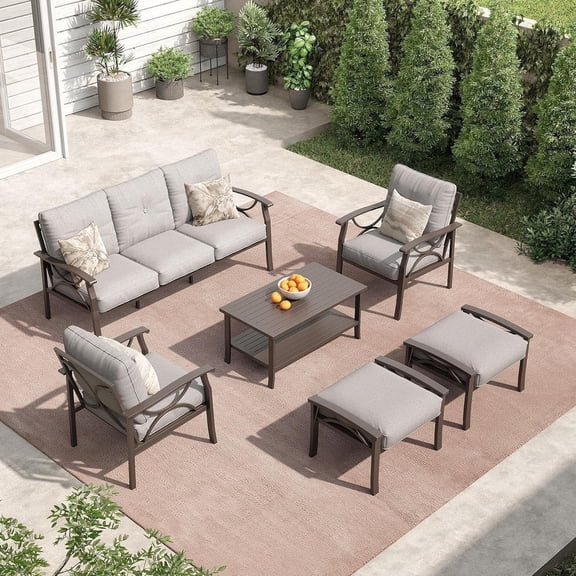 SUNVIVI Outdoor Patio Furniture Set, Patio Conversation Set with Coffee Table Side Table and Ottomans, Metal Furniture Set for Porch Backyard Garden