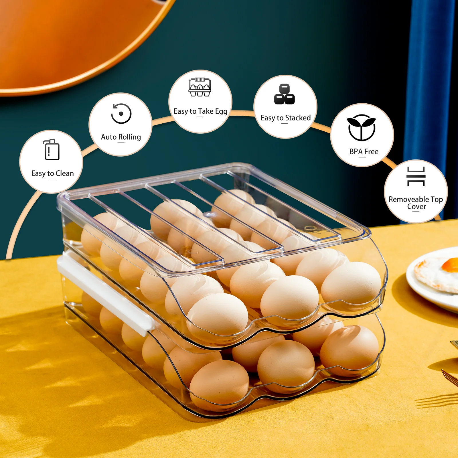Egg Storage Organizer 2-Pack (4 Containers Total), Clear Stackable Auto-Rolling Egg Holder, 2-Layer Design Holds 18 Eggs Per Layer