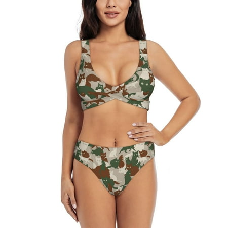 Bathing Suit For Women  Cool Cats Camouflage High Waisted Bikini Set Bathing Suit Cross Lace Up Swimsuit