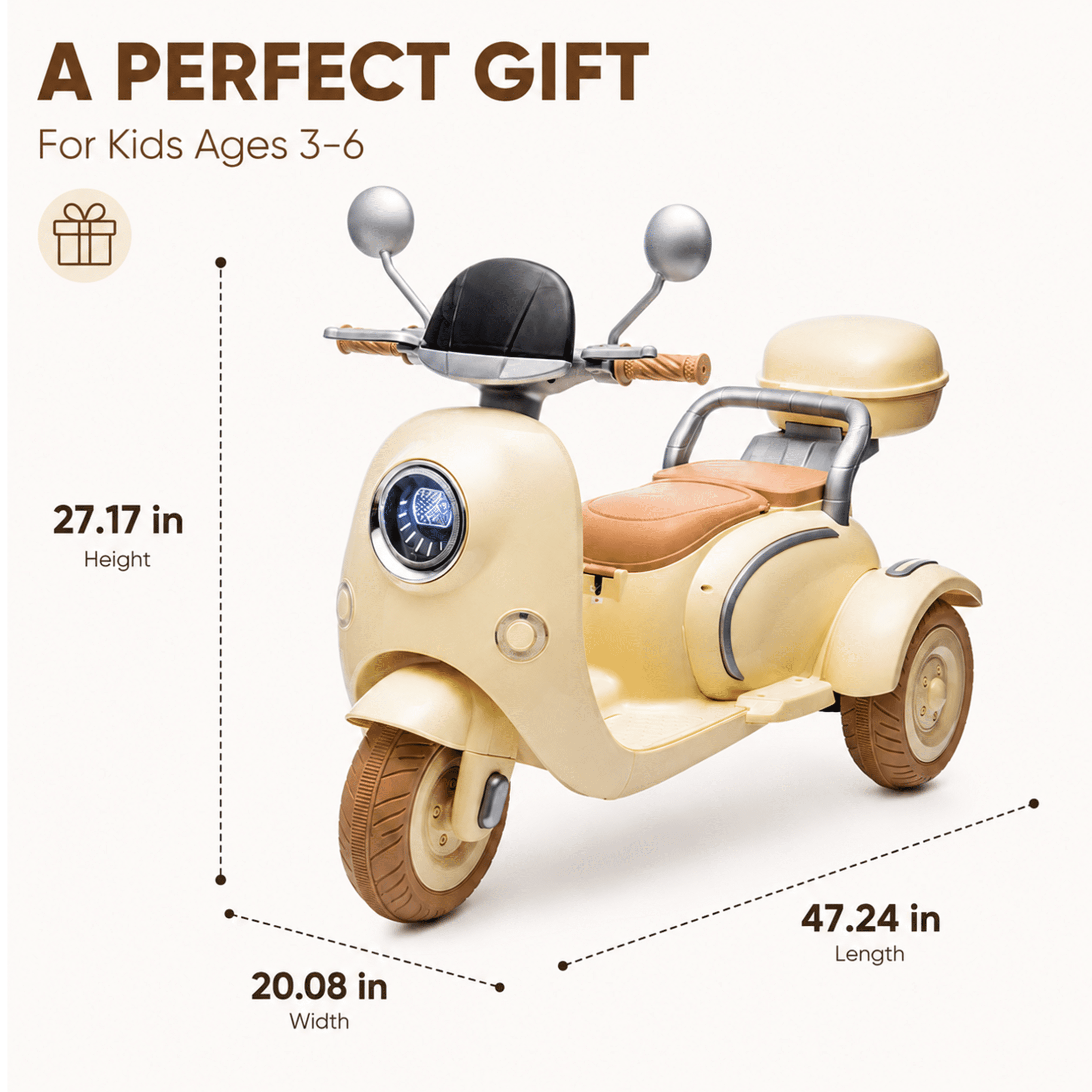 12V Electric Motorcycle for Kids, 2 Seater Battery Power Ride on Motorcycle Toys with Slow Start, LED, Music, USB, 3 Wheel Electric Motorcycle for Boy Girl Birthday Gift, Beige
