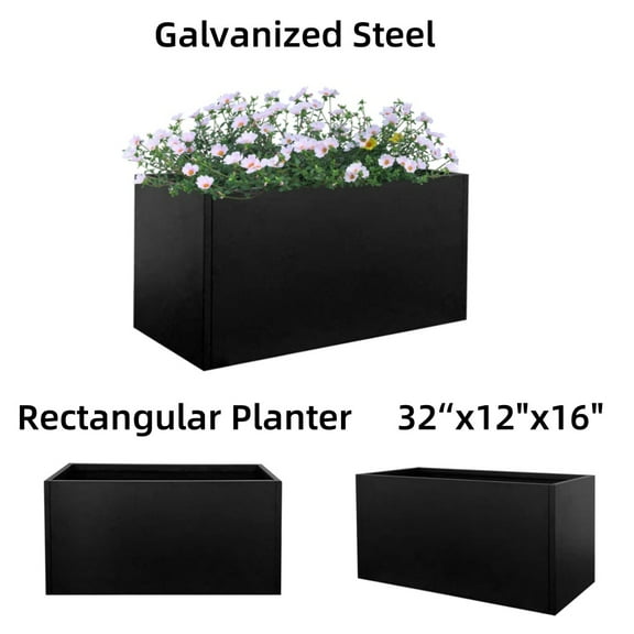 32"x12"x16" Garden Pot Planter Box with Drainage Hole Large Flower Pots Containter for Outdoor Plants Decorative Patio Deck Yard Hotel Front Porch Tall Square Pots Galvanized Steel Heavy Duty, Black