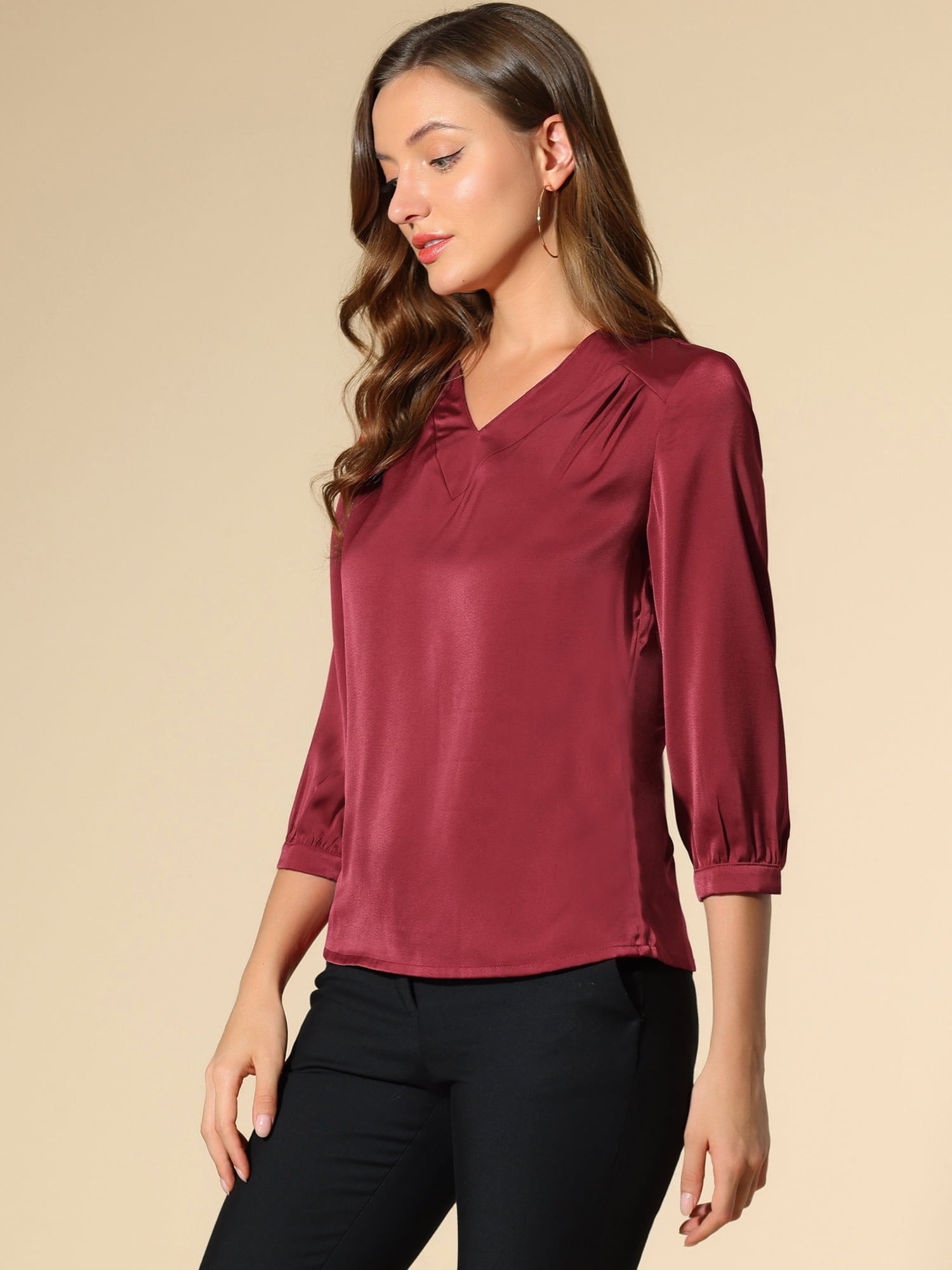 DARING DIVA Women's Satin Blouse Long Sleeve V Neck Top Shirts XS Burgundy