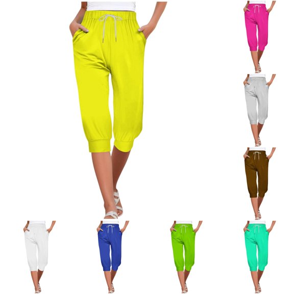 NinXxx Women's 4th Of July Flag Print Drawstring Joggers Cropped Pants Yellow M