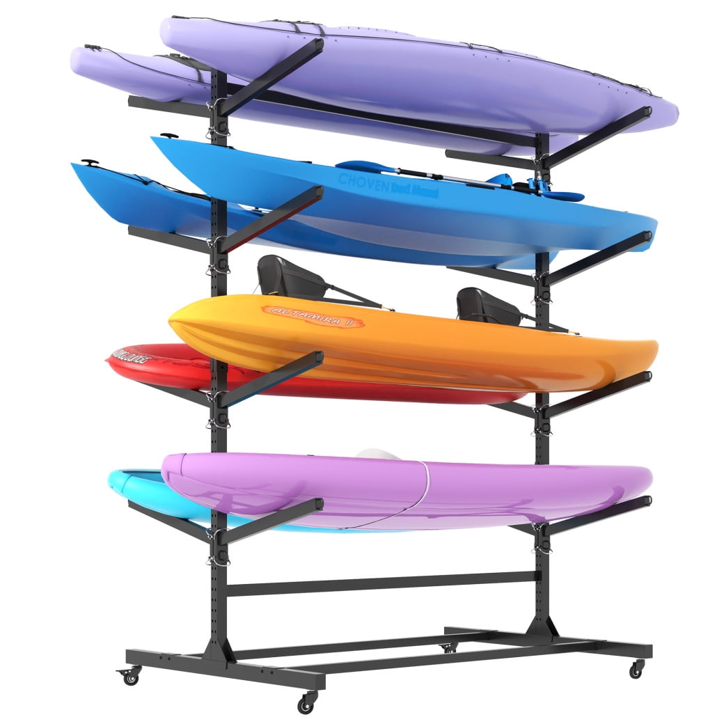 82"H Heavy-Duty Freestanding Kayak Storage Rack, Adjustable Height with Lockable Wheels, Holds 4 Kayaks/Canoes/Surfboards, 360° Movable, Rust-Resistant for Indoor & Outdoor Use, Space-Saving Design