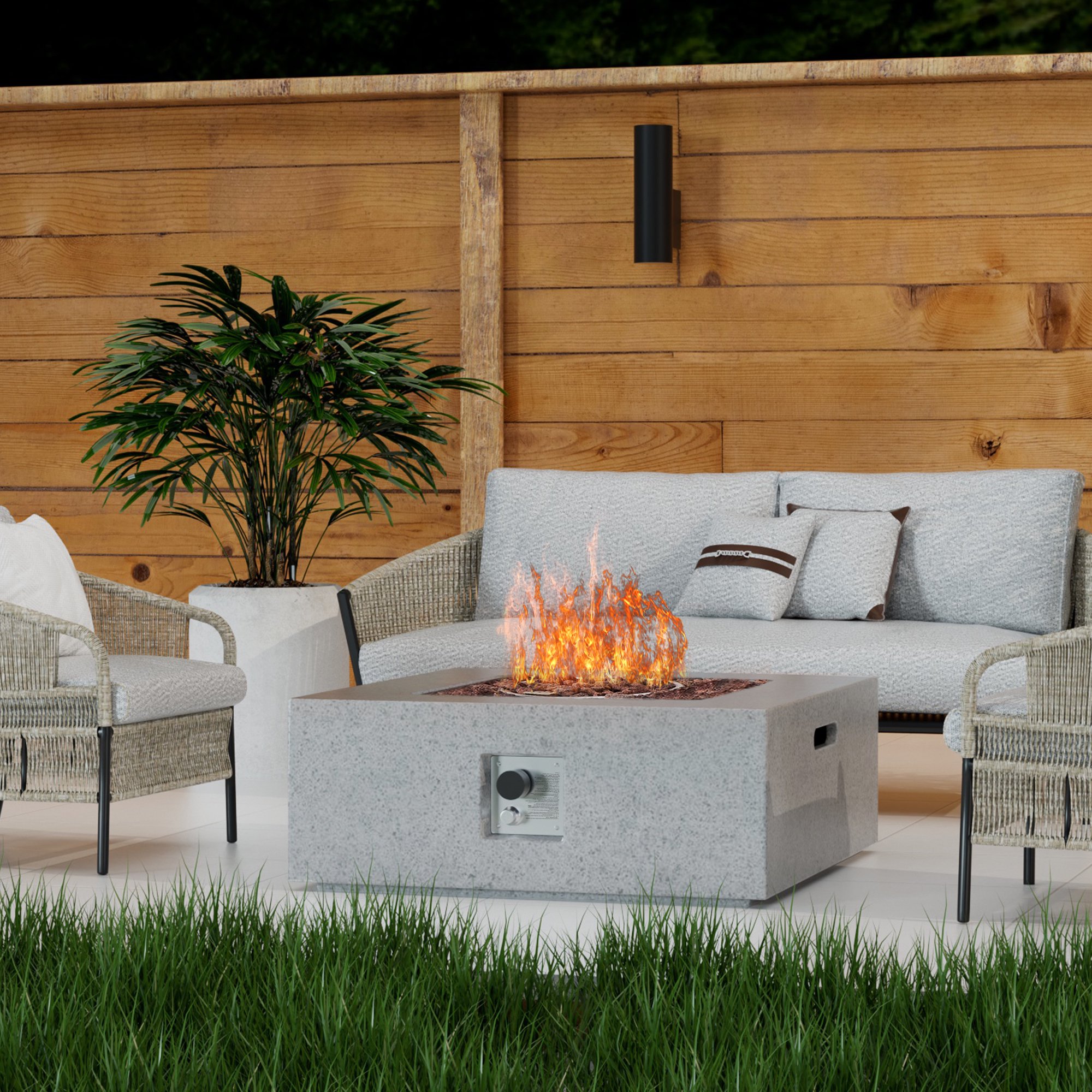 ESSENTIAL LOUNGER Outdoor Propane Fire Pit 50,000 BTU 35-inch Square  Concrete Natural Gas Fire Table Outside Smokeless Firepit Furniture with  Propane Tank Metal Stand for Garden,Deck,Backyard,White - Walmart.com