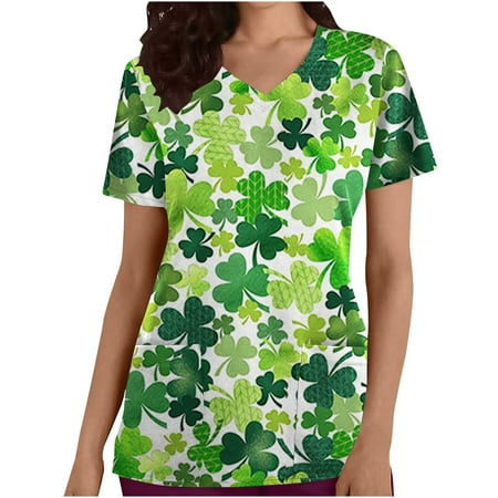 

Printed Scrub Tops Women St Patricks Day Short Sleeve V-Neck Scrub Shirts Green Four Leaf Clover Nurse Uniform T-Shirt