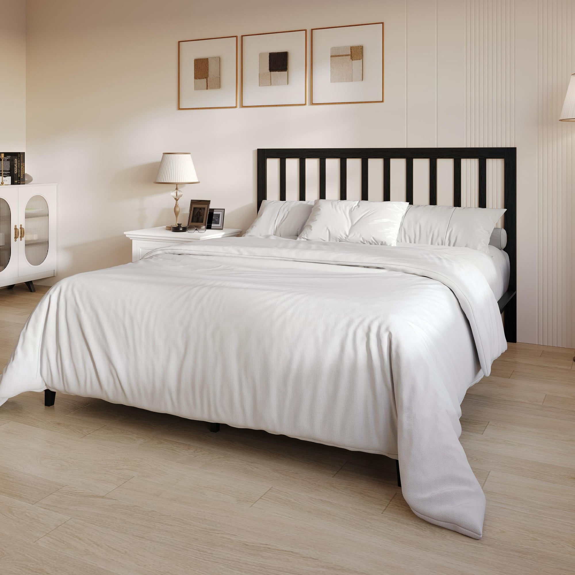 Home Design Lancaster Full Platform Bed Frame with Slatted Headboard, No box spring required, Black, Easy Assembly