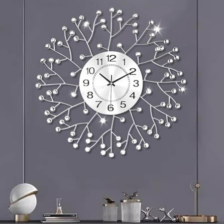 19.7 Inch Large Decorative Wall Clock for Living Room Decor, Non-Ticking Quiet Modern Metal Starburst Bling Silver Crystal Wall Clock for Living Room, Bedroom, Study, Office