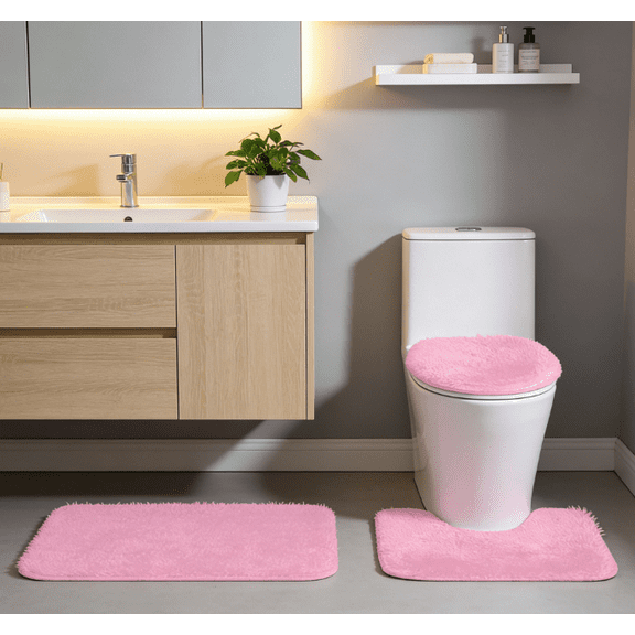 Absorbent Non-Slip Pink Bathroom Rugs 3 Piece Set, Microfiber Bath Mats with U-Shaped Toilet Cover and Door Mat, Tapetes para Baño