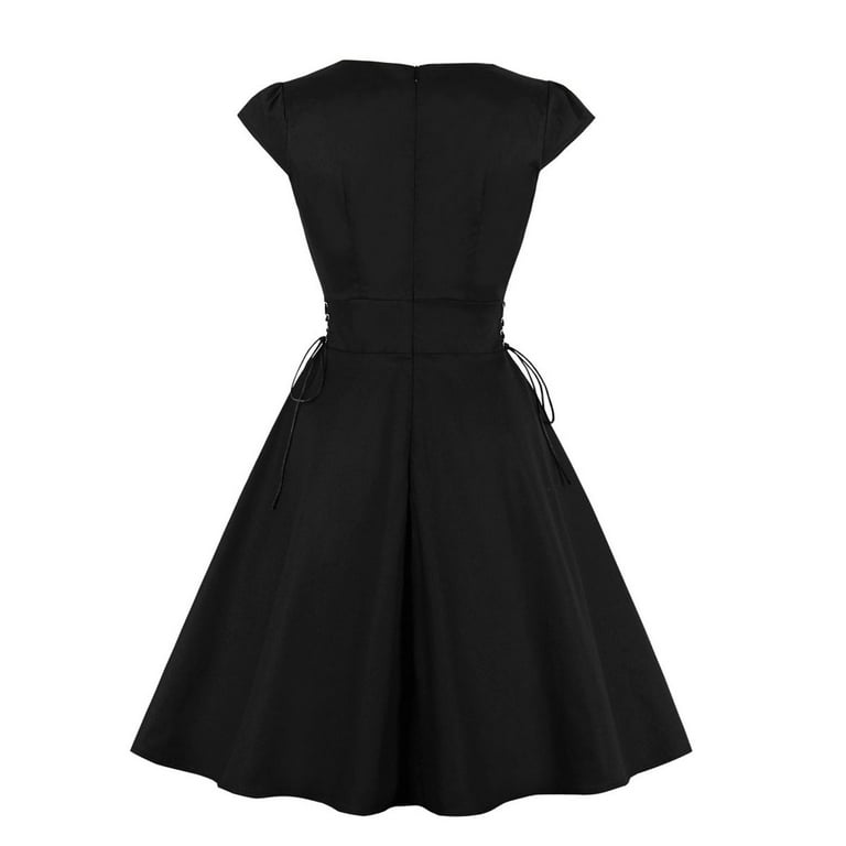 Dailytrove Women's Embroidered Swing Dress-Short Sleeve-For Retro Outing-Black & Star Pattern, Size: DT-Medium Dailytrove Women's Embroidered Swing Dress-Short Sleeve-For Retro Outing-Black & Star Pattern, Size: DT-Medium