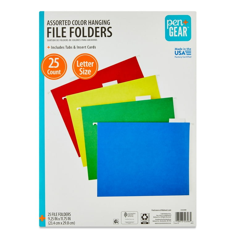 Pen+Gear Letter Size Hanging File Folders, Assorted Colors, 25
