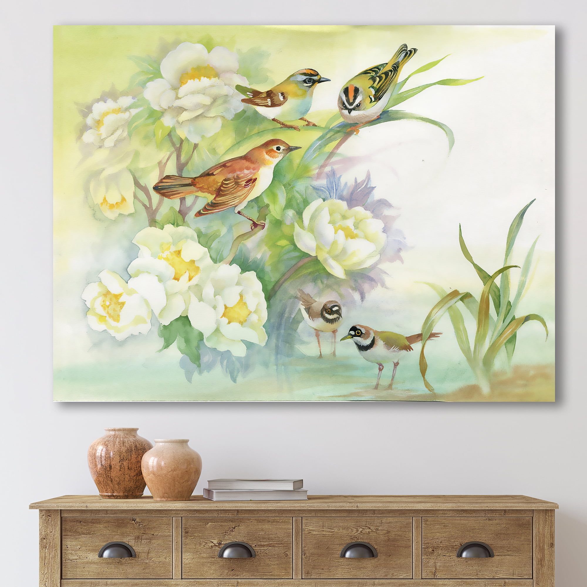 Designart ' Birds and Flowers In Rustic Scenery ' Traditional Canvas Wall Art Print