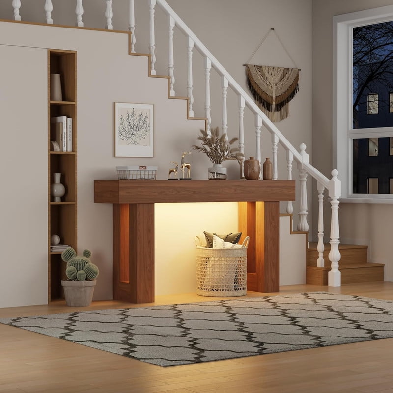 63-Inch Long Console Table with Sensor Light, Farmhouse Entryway Table, Wooden Rectangular Sofa Table Behind Couch for Entrance, Hallway, Living Room