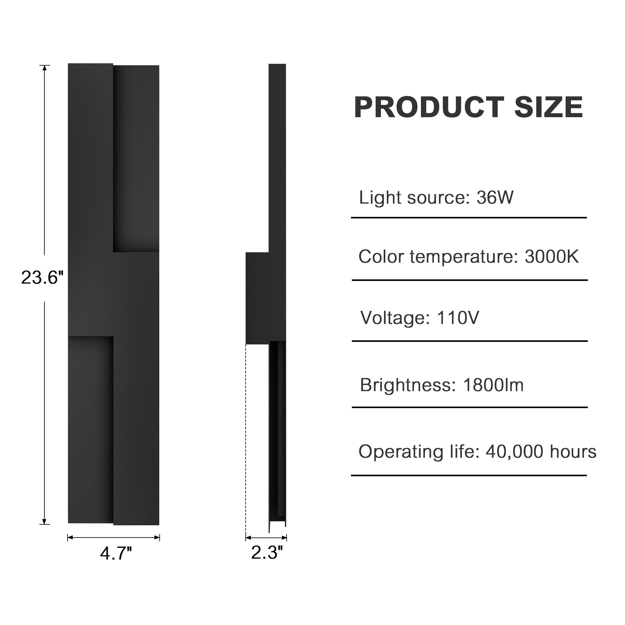 23.6" Modern Black Integrated LED Wall Sconce, Waterproof Indoor Outdoor Wall Light Fixture for Home Patio Porch Garage Entryway Hallway Bedroom Decor