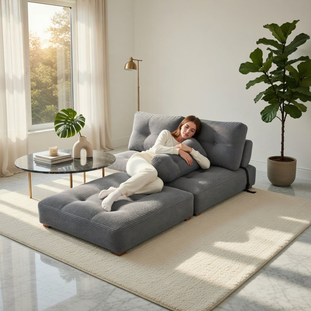 Hommoo 3-in-1 Folding Sofa Bed with Pillow & Back Support, Corduroy Convertible Sleeper for Living Room, Bedroom & Guest Room, Gray