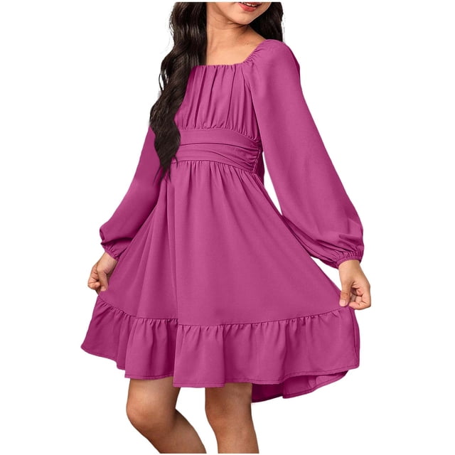 Vestido de manga larga con cuello redondo para niña, color liso, moderno y cómodo, con cinturón, de poliéster.