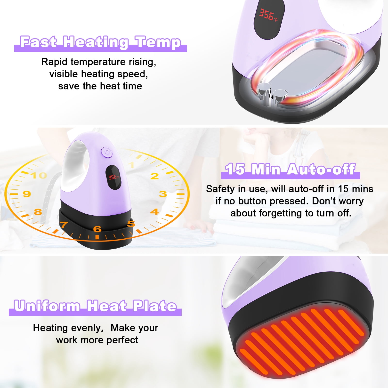 Mini Heat Press Machine, Mini Heat Transfer Iron, 3 Settings Levels & Visible Temp, Portable Press Easy for Crafts, T-Shirt, Hats, Shoes, Bags, Cap and Small Vinyl Projects (Purple)