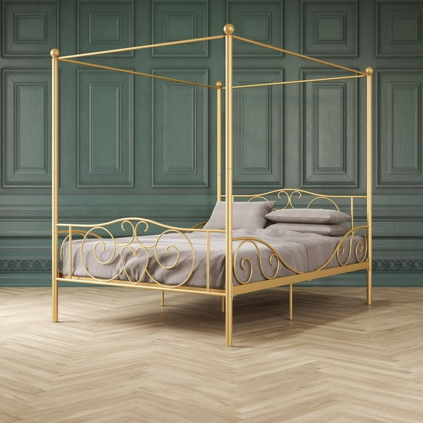 Elm Oak Canopy Metal Bed Full Gold, Gold Metal Bed Frame Full