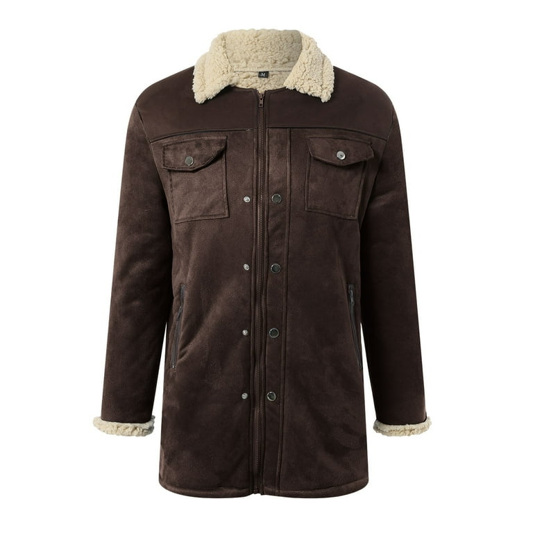 Mens Vintage Suede Jacket Plush Collar Coats Faux Leather Winter