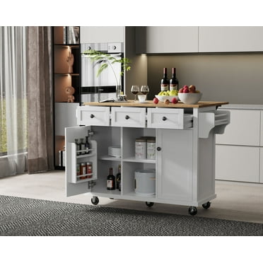 Kitchen Cart with Rubber wood Drop-Leaf Countertop, Rolling Kitchen Island on 5 Wheels with Storage Cabinet, White