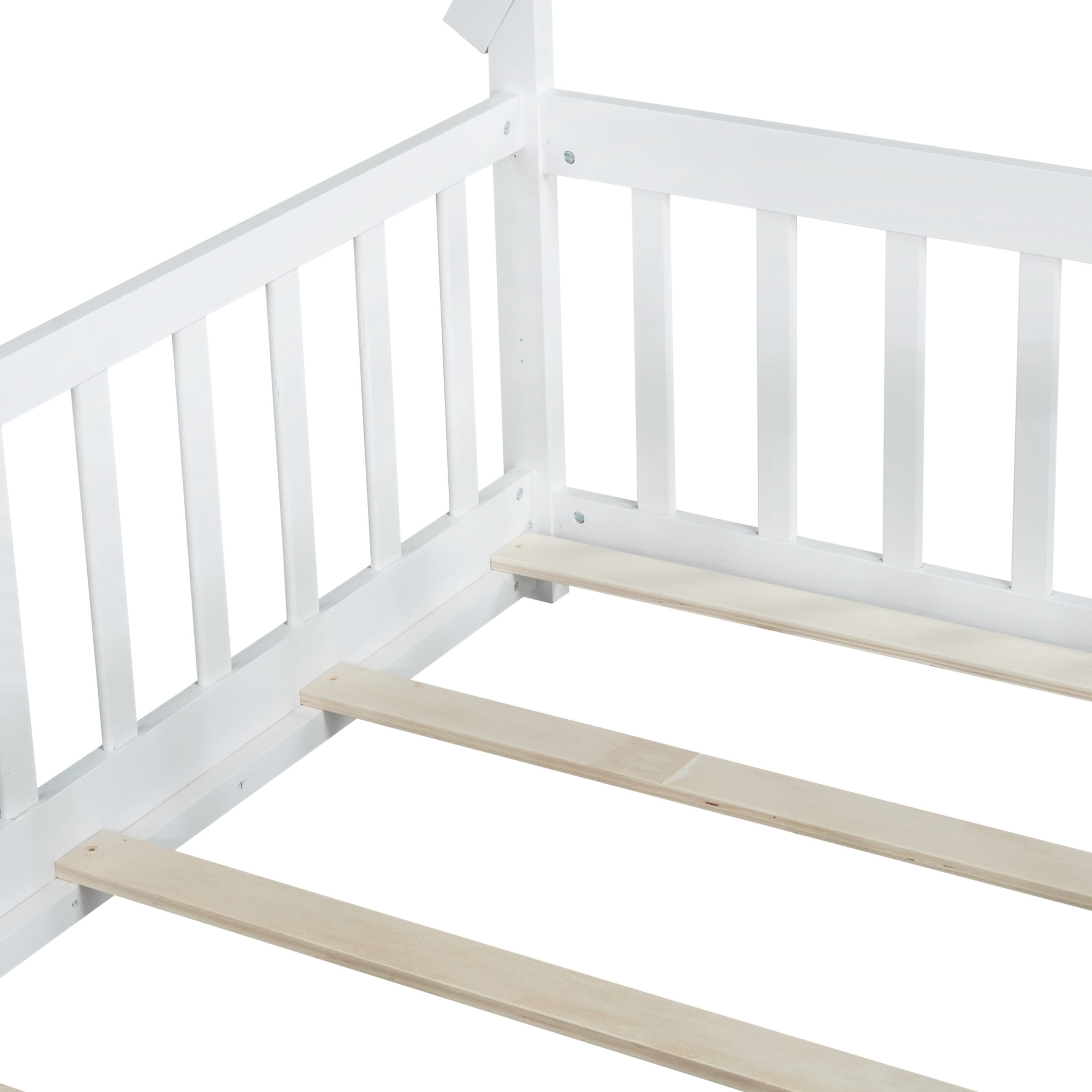 Noble House Misty Full Teepee Floor Bed with Safety Fence and Door, Solid Rubber Wood Tent Bed, Kid's Room, White