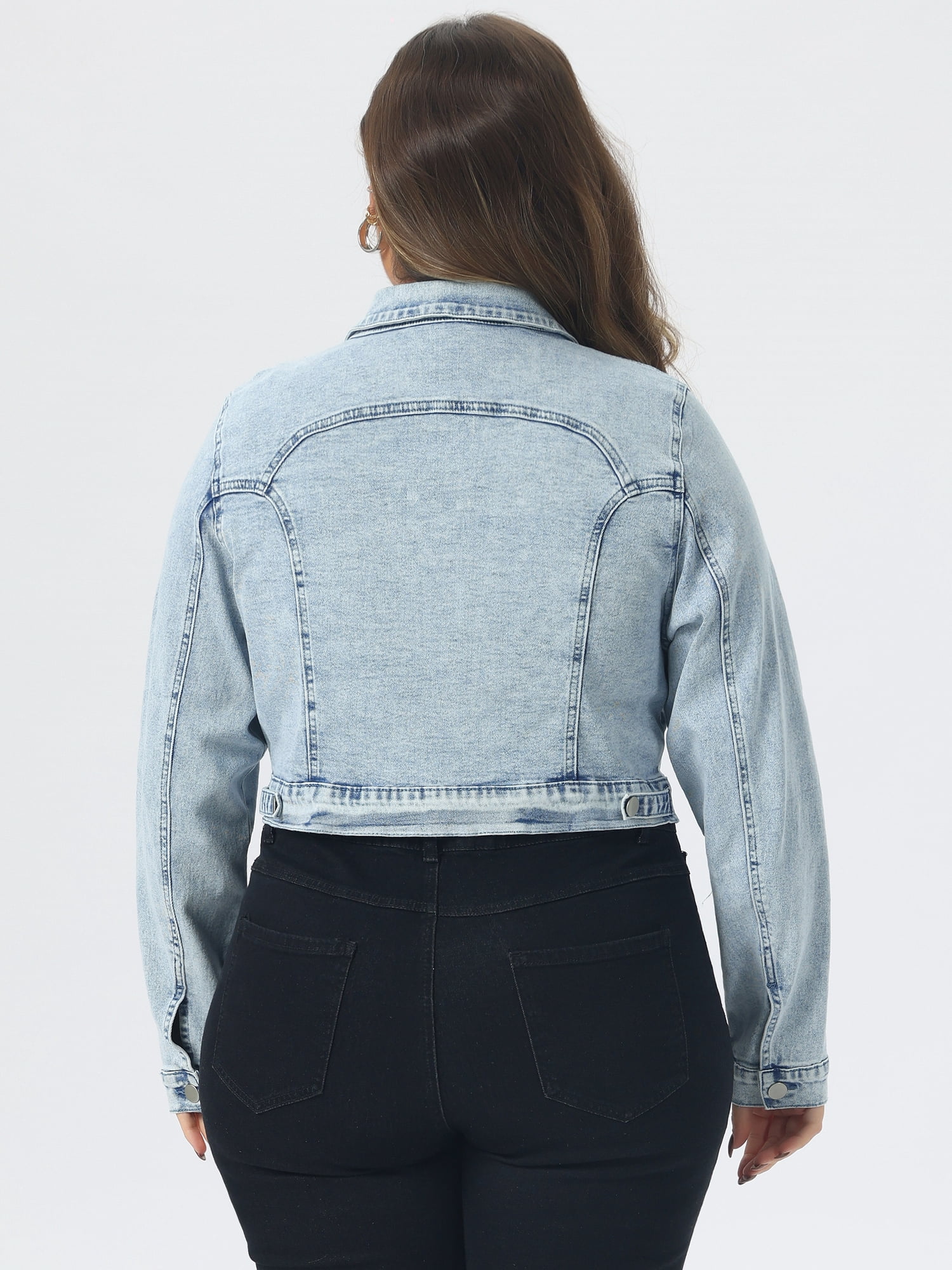 DARING DIVA Women's Plus Button Closed Cropped Denim Jacket 4X Light Blue Snow Wash