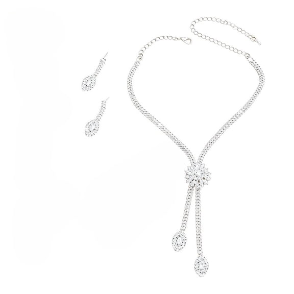 Women's Zircon Flower Necklace Earrings Set Jewelry Sets Trendy | Rhinestone Y-Drop Design with Leaf Pendants and Optional Bracelet, Ideal for Bridal Gowns, V-Neck Dresses, Proms