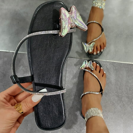 

HIBRO Women s Fashion Crystal Butterfly Flip Beach Rhinestone Sandals And Slippers