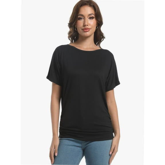 Womens Casual T Shirts Dolman Short Sleeve Shirts Boat Neck Ruched Tops Summer Lightweight Clothes
